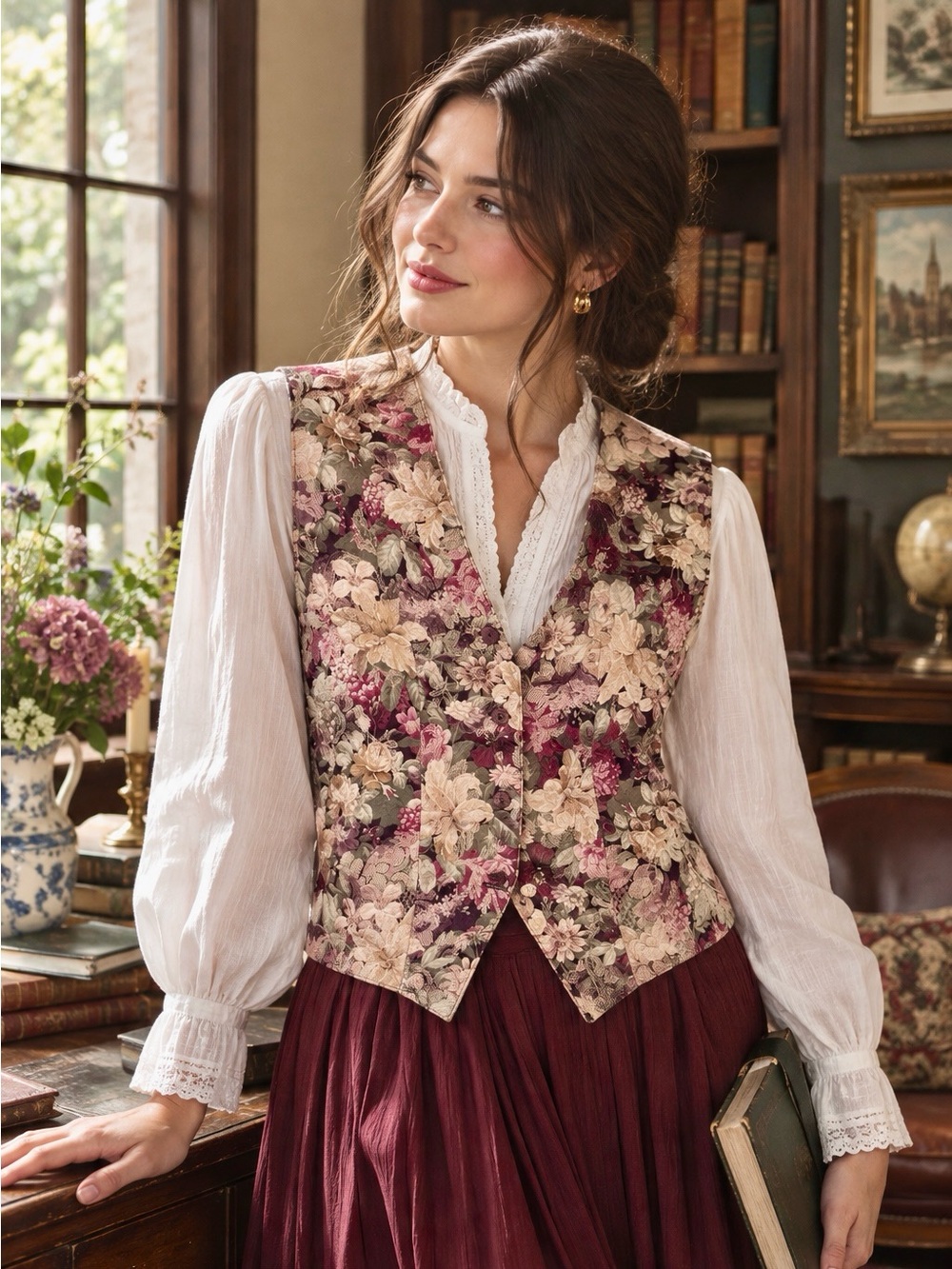 Floral Brocade Waistcoat Vest, Size Medium